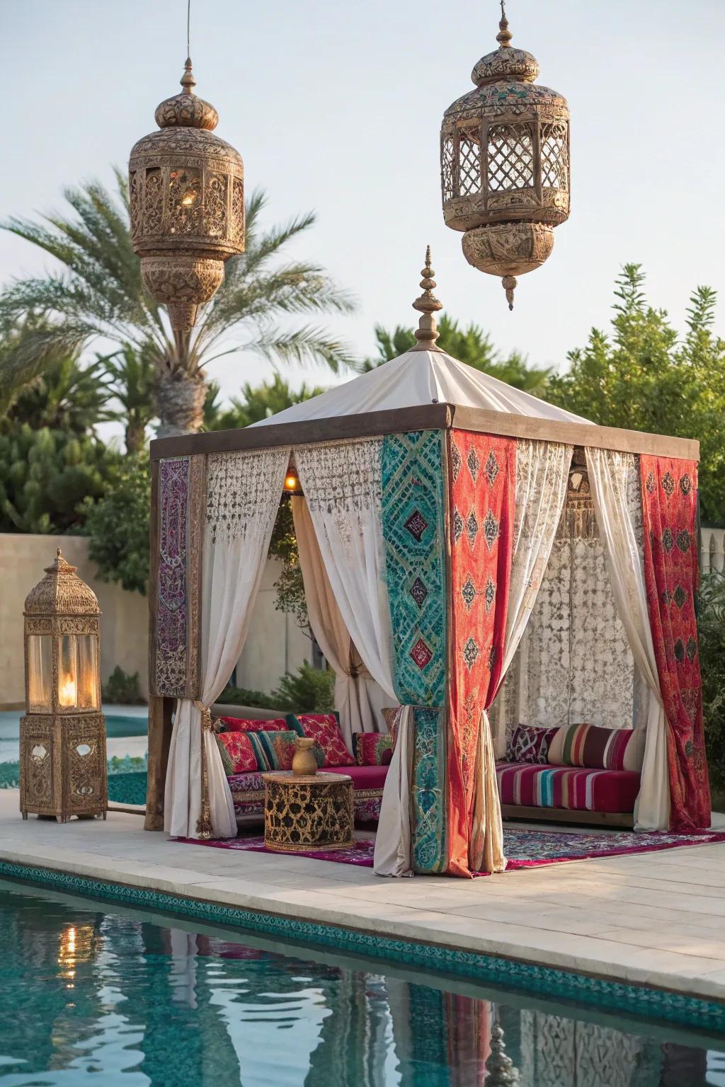 A Moroccan cabana offers exotic flair and vibrant decor.