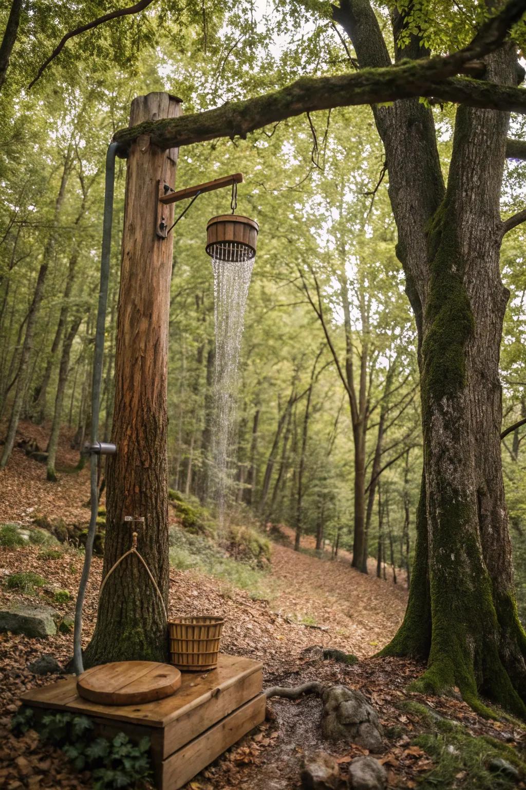 Embrace nature with a tree-mounted shower setup.