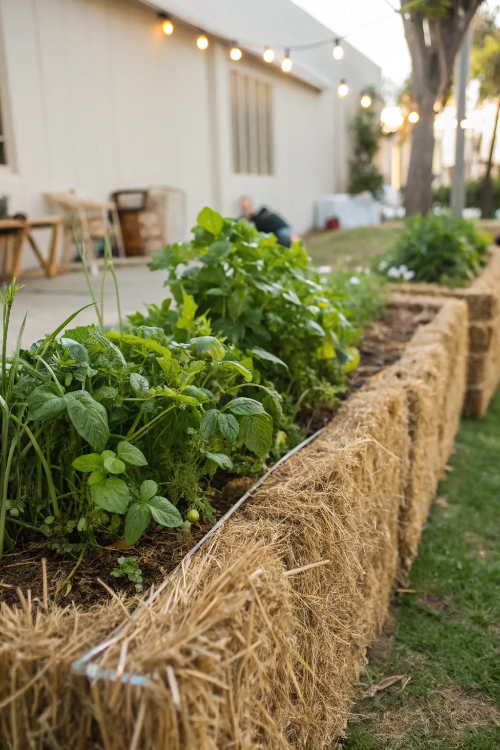 A simple hay bale garden bed growing vibrant plants.