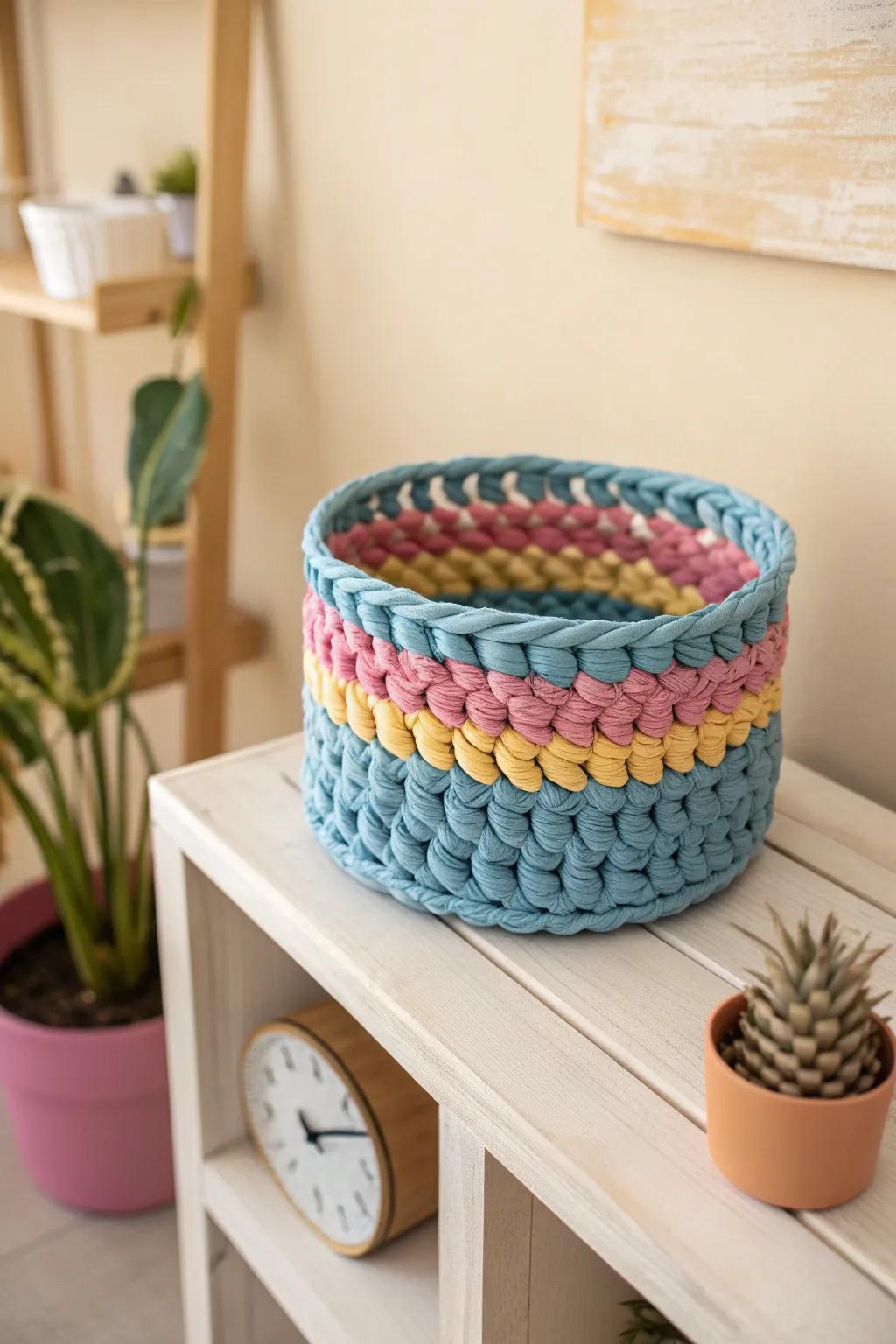 Transform your old t-shirts into a stunning yarn basket, blending eco-friendly crafting with Scandinavian simplicity and boho flair.