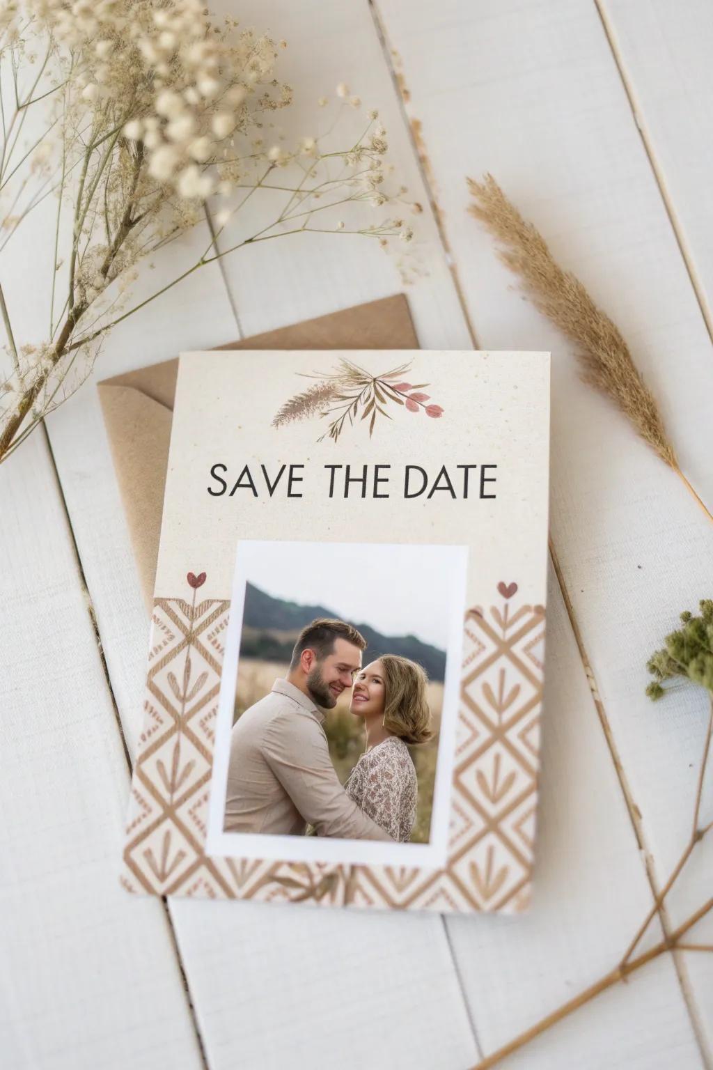 Capture the moment: Elevate your 'save the date' cards with a personal touch and boho elegance!
