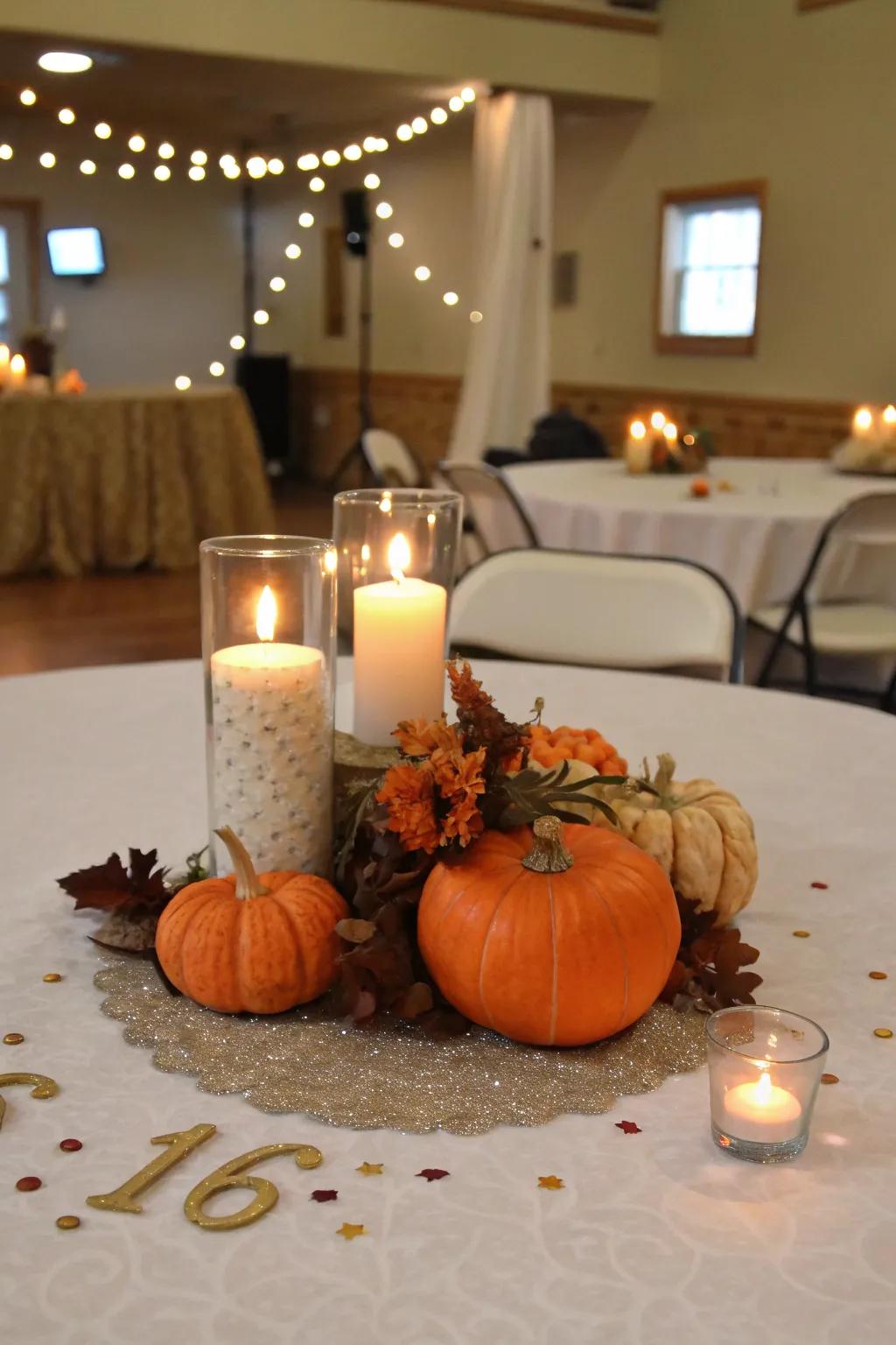 Seasonal elements like pumpkins add a festive touch to the centerpiece.