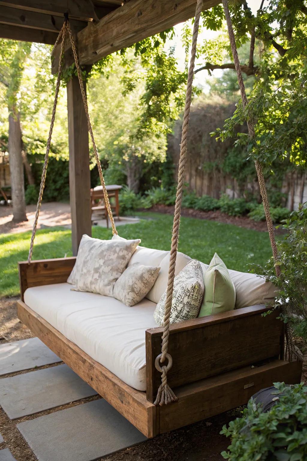 A DIY swing bed, providing a luxurious and relaxing spot in the garden.