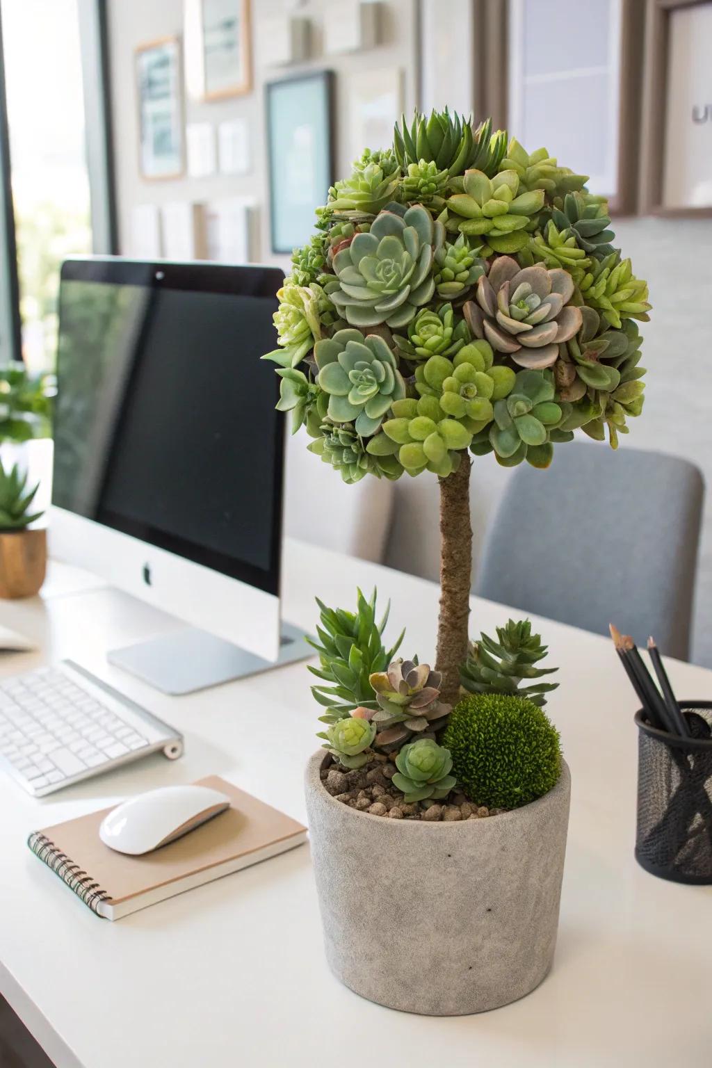 A chic succulent topiary adding a modern touch to a minimalist office.