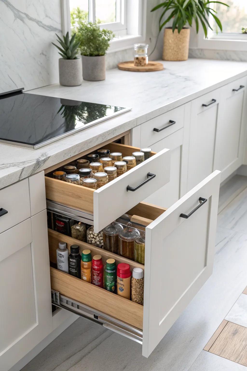 Discover the elegance of hidden convenience with this sleek pull-out spice rack. Perfect for the minimalist chef!