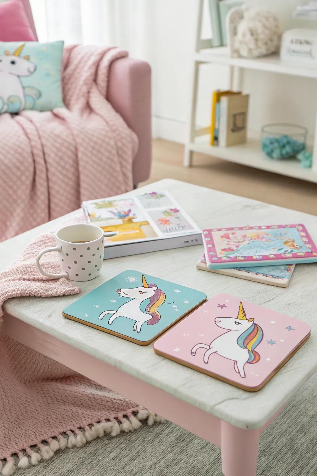 Add whimsy to your table with unicorn coasters.