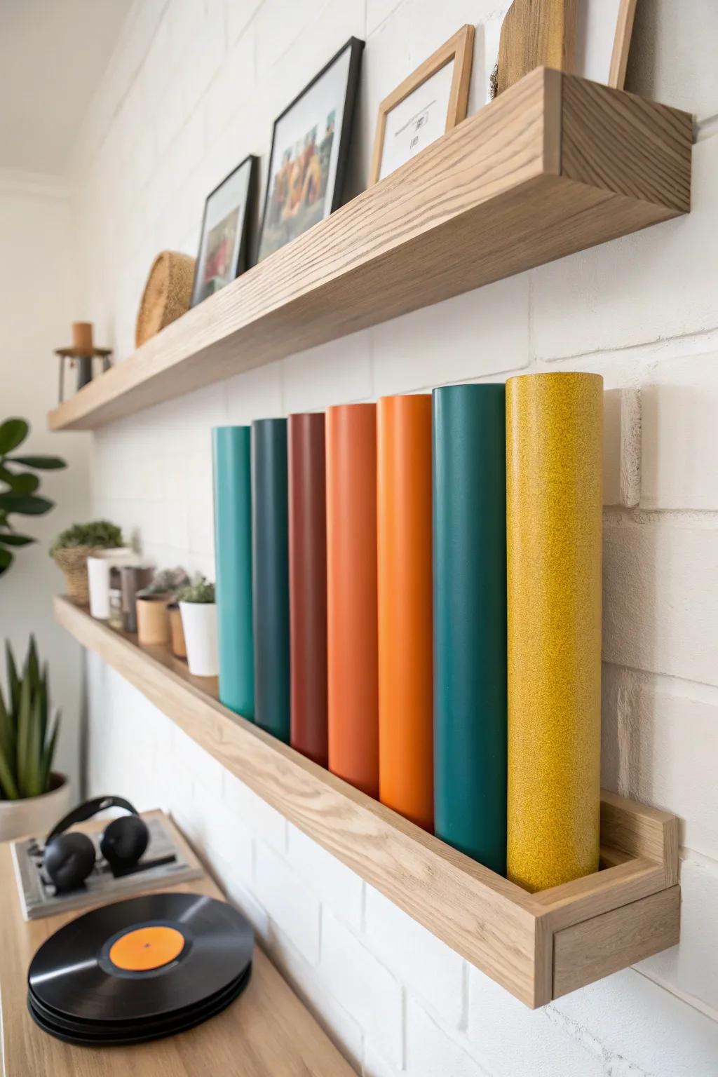 Elevate your space with minimalist elegance and vibrant color: Floating shelves for stylish vinyl storage.