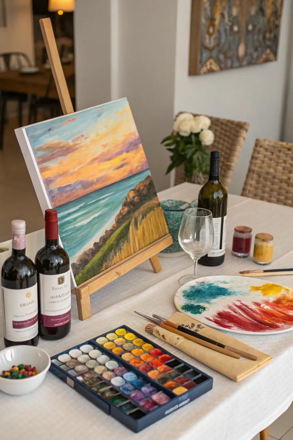 A wine and paint night kit for creative fun.