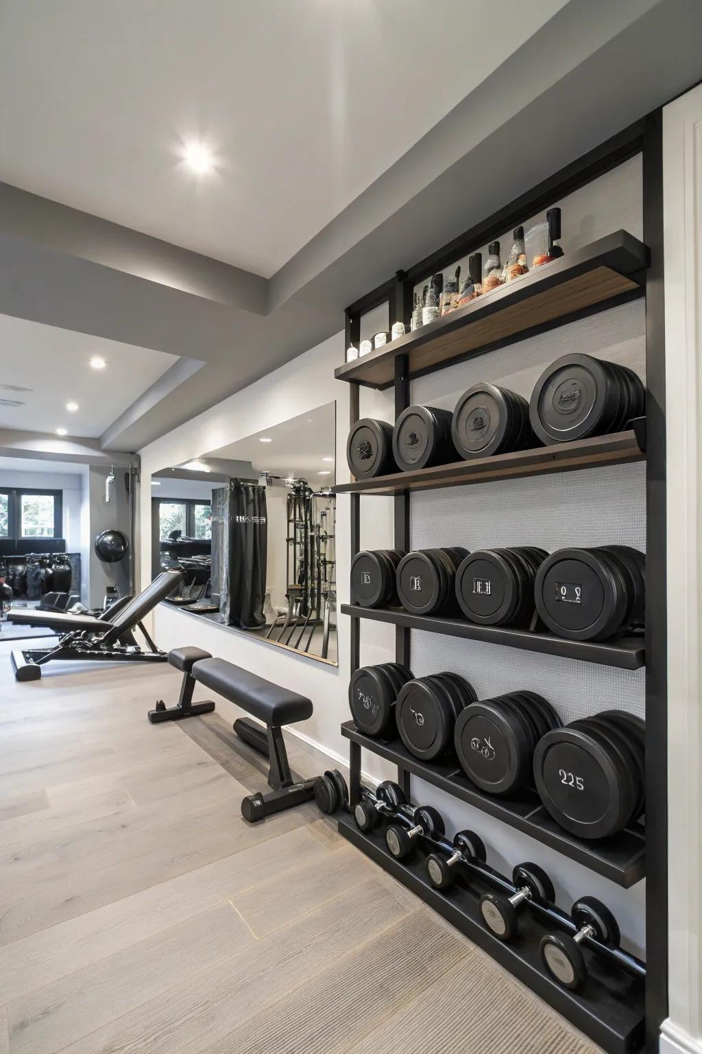 Floating shelves create an elegant display for weight plates.