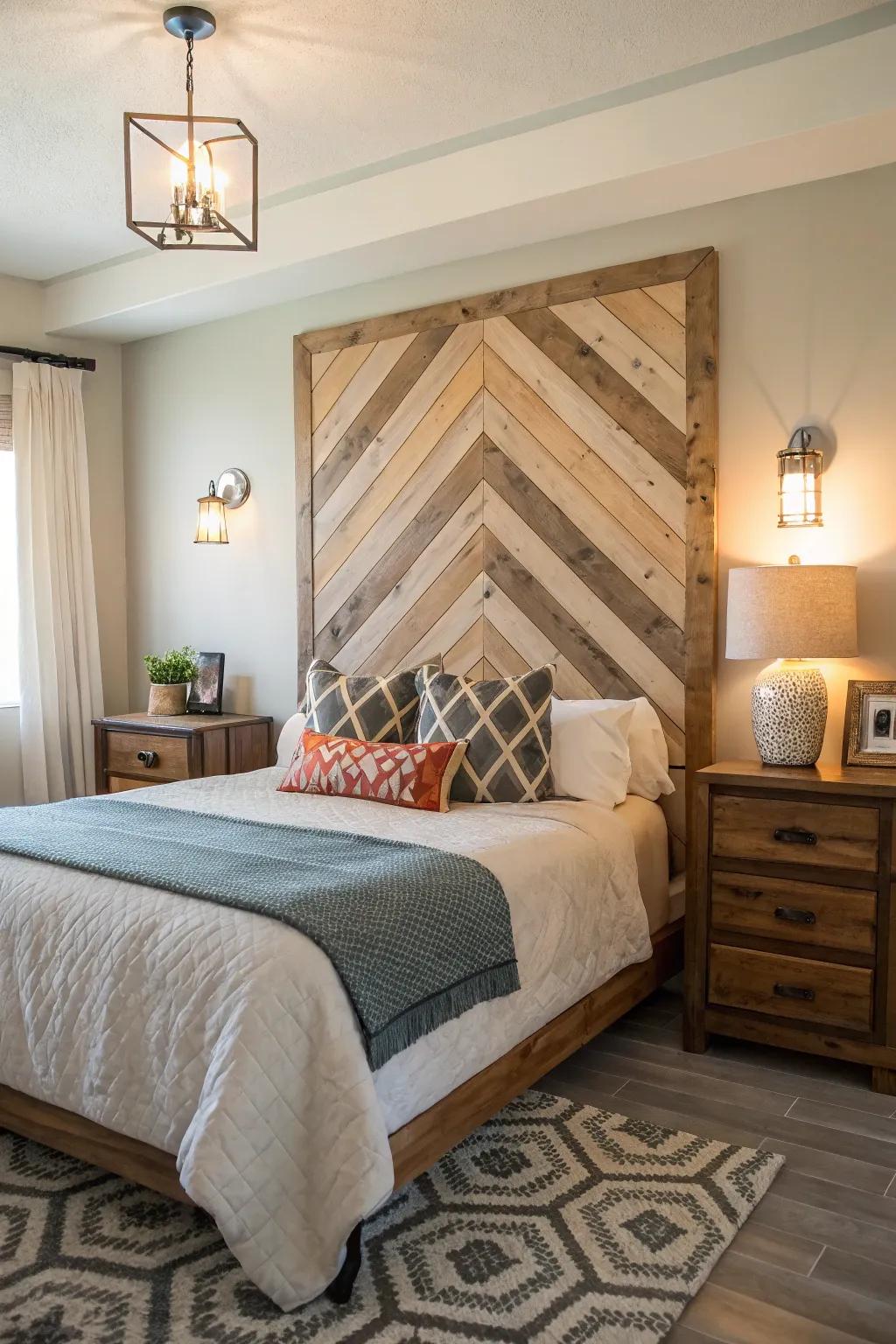 Timeless trend: Chevron wood headboard.