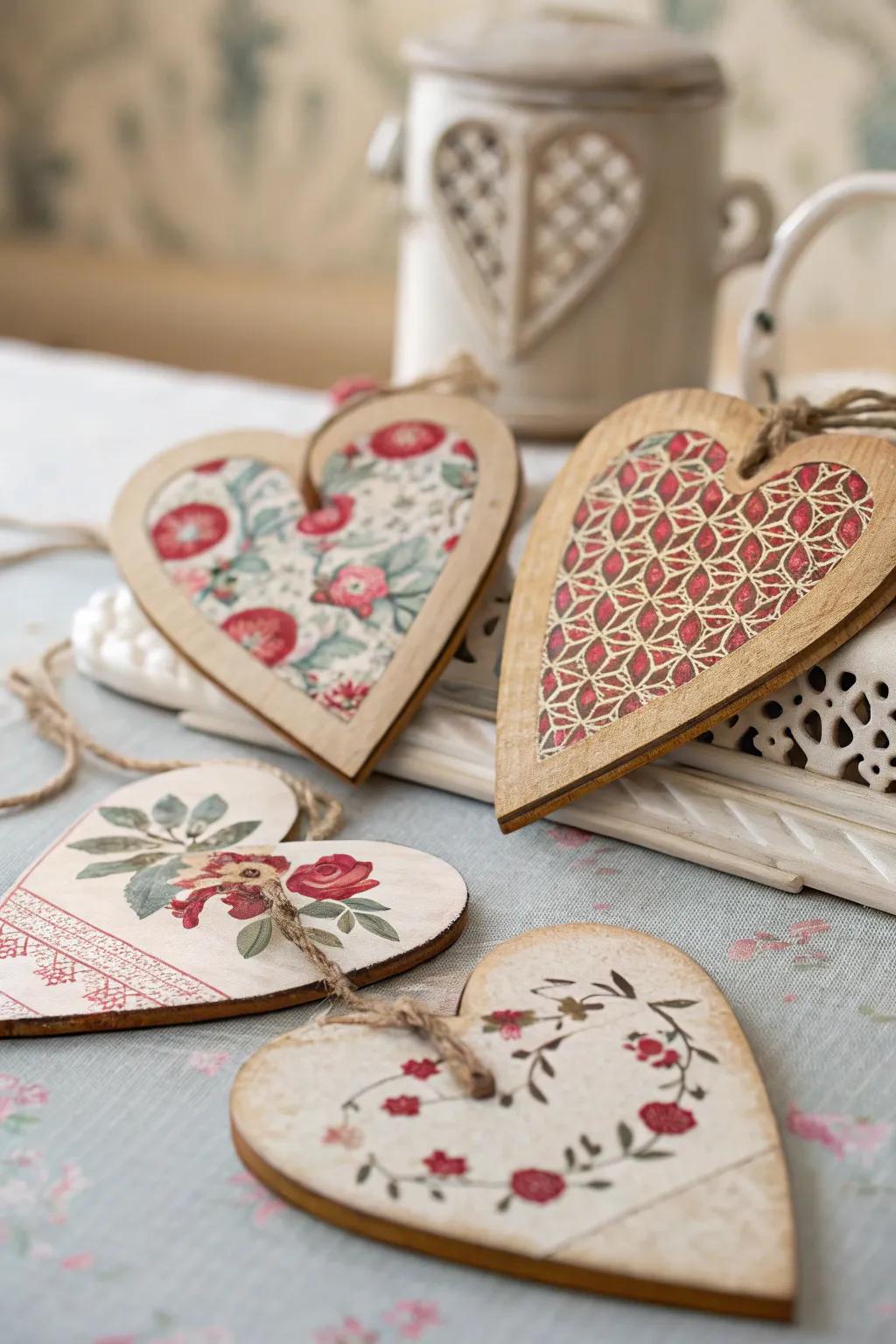 Decoupage hearts are full of intricate charm.