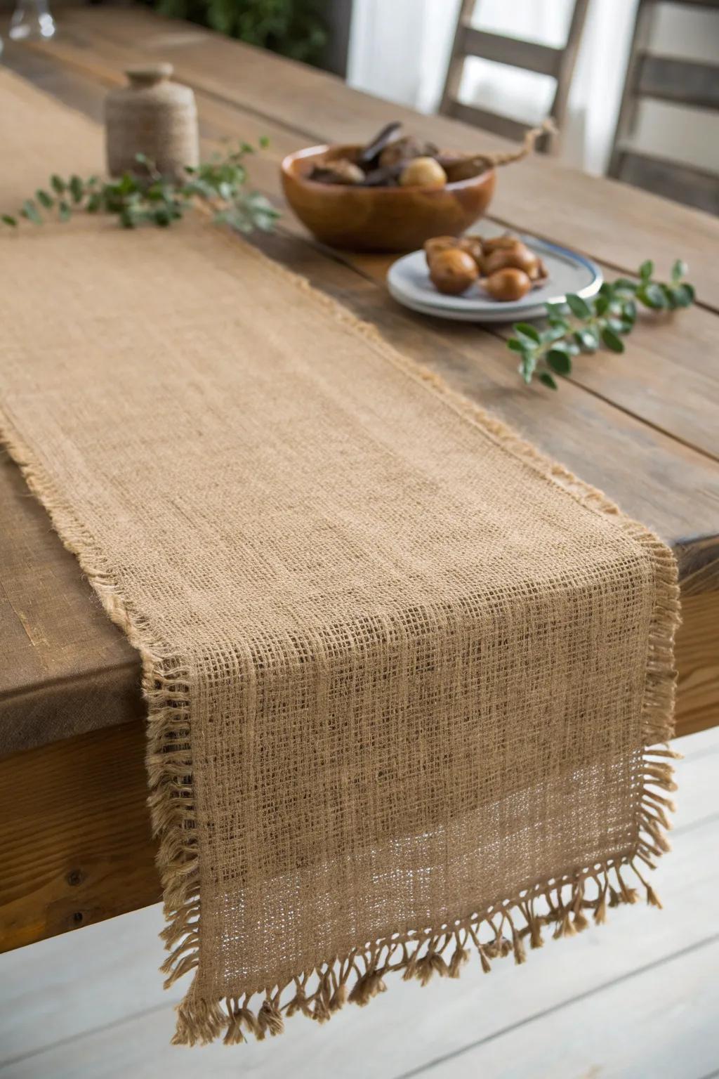 Transform your table with rustic charm: a burlap runner that speaks to simplicity and natural beauty.