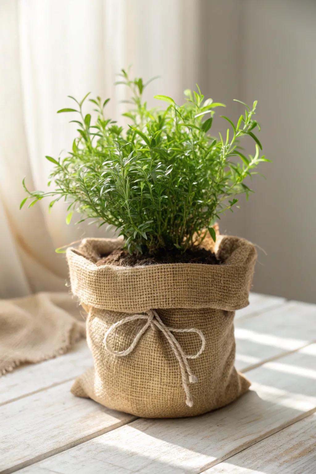 Elevate your indoor garden with charming burlap sack planters for a cozy, farmhouse-inspired touch.