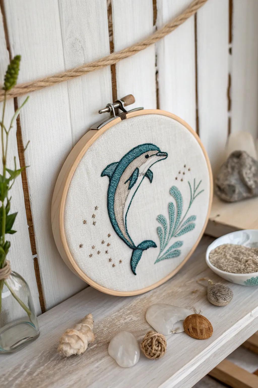 Dive into serenity with this charming dolphin embroidery, where simplicity meets the sea.