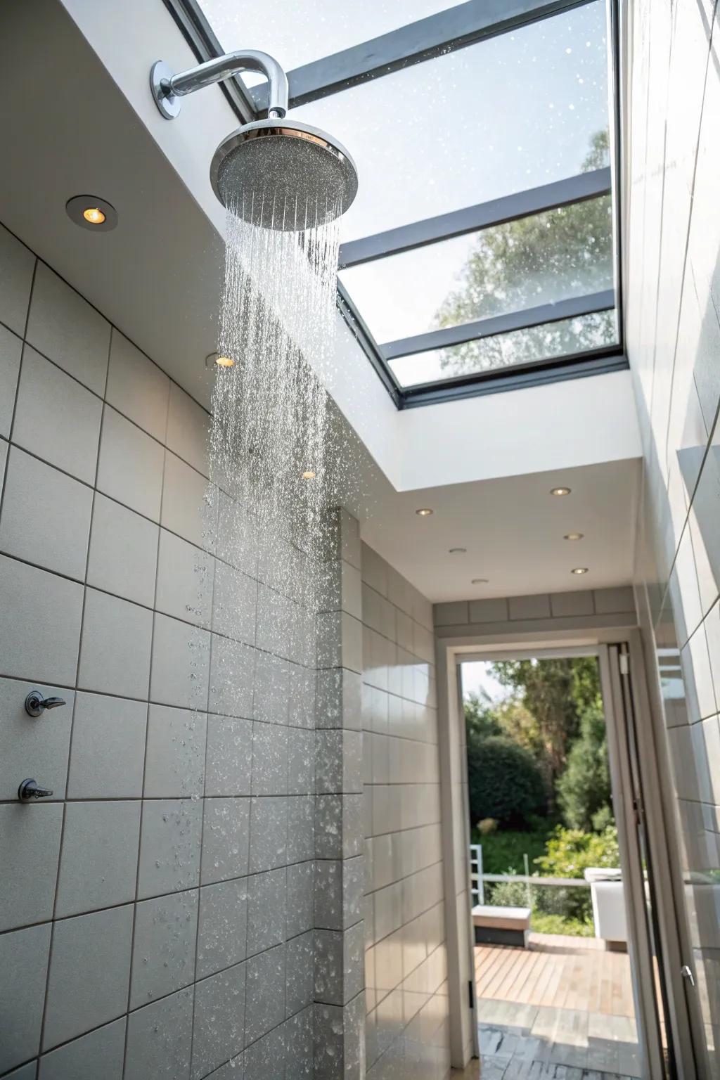 A skylight illuminates this doorless walk-in shower with natural light.