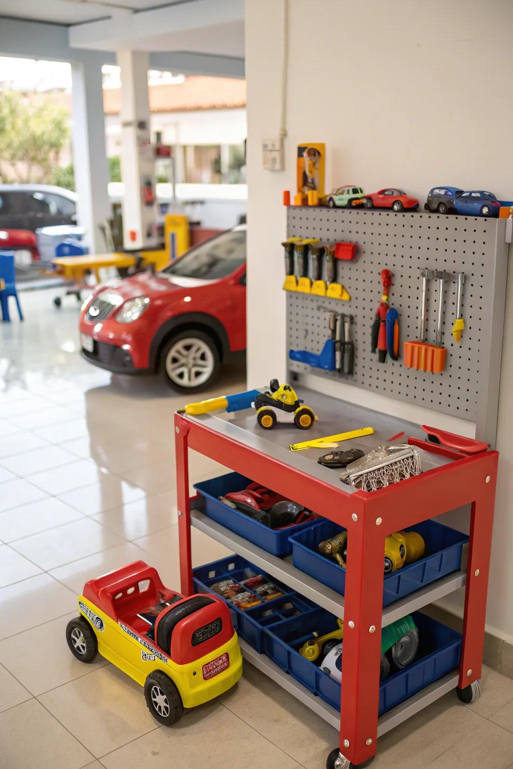 Rev up creativity with a car repair shop play center.