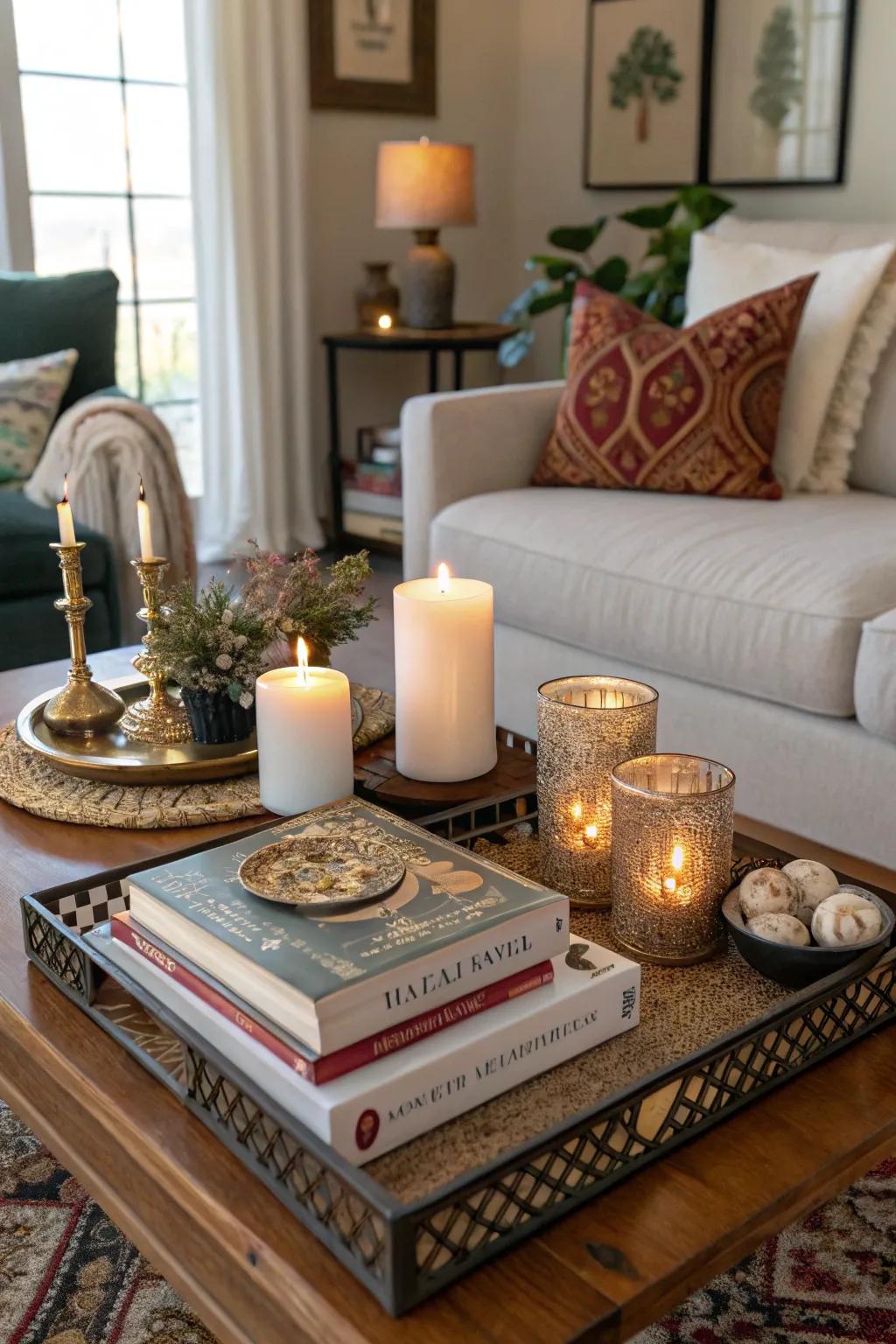 A stylish coffee table display adds layers to your living room decor.