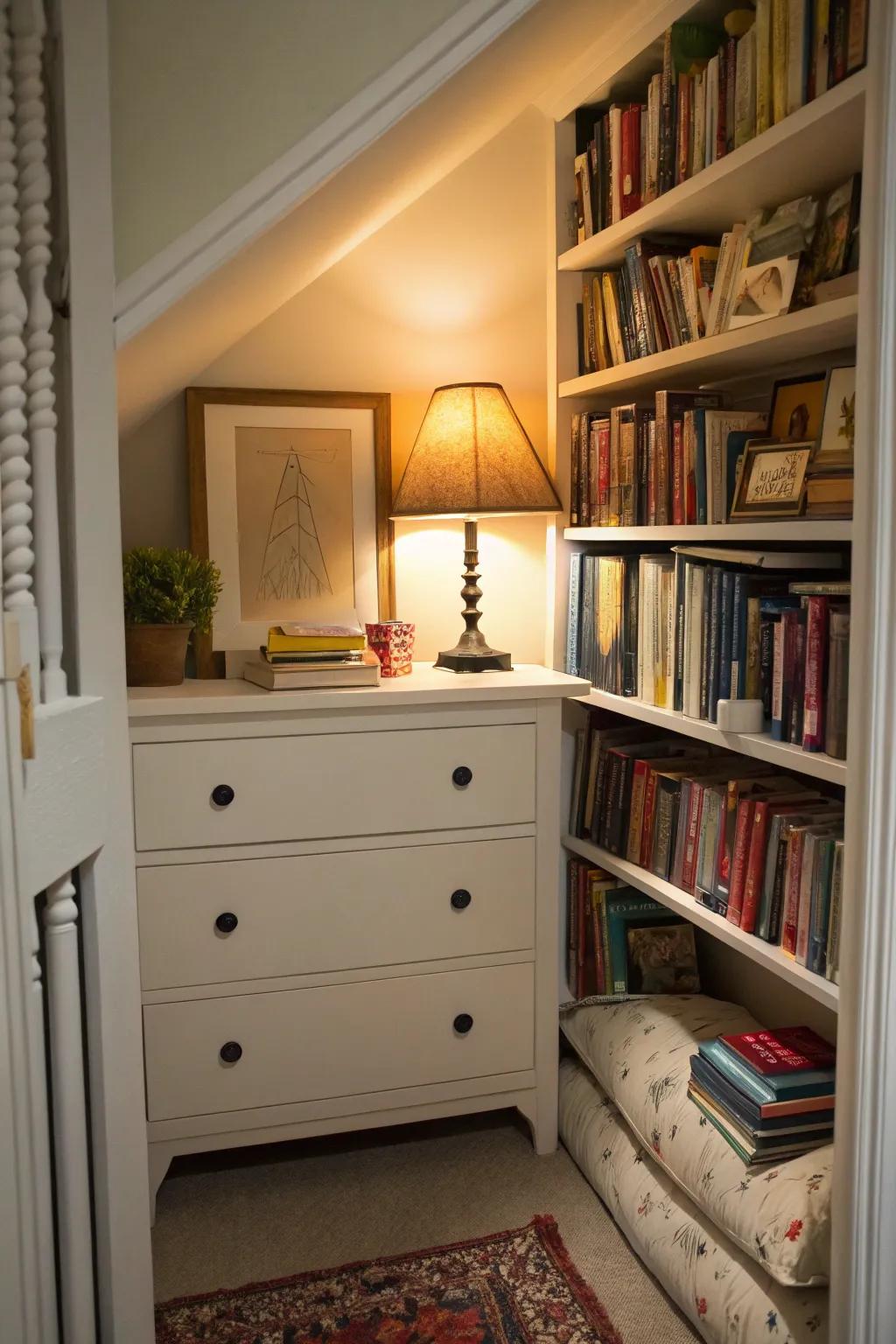 A reading nook with a dresser creates a cozy retreat.