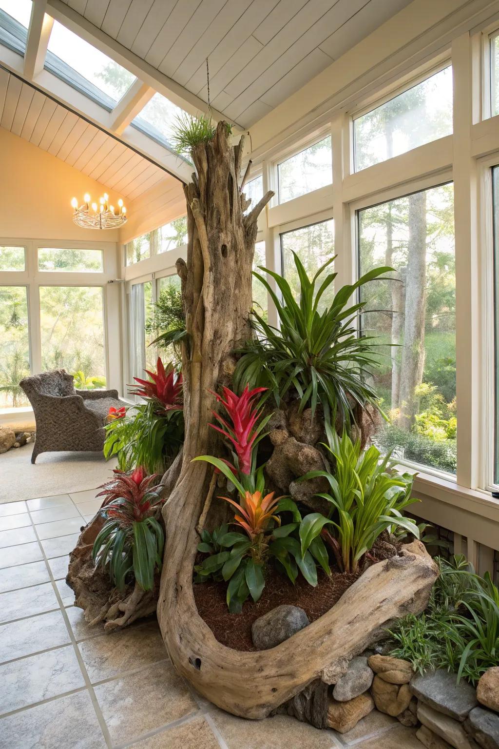 Lush tropical driftwood planter, perfect for a vibrant sunroom.