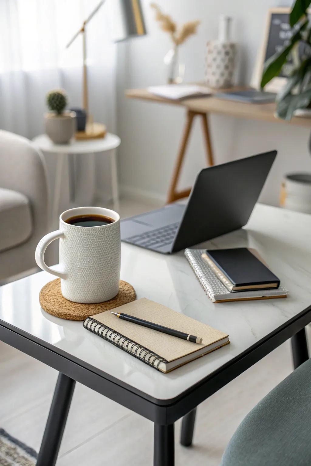 A modern minimalist drink table in a home office setting.