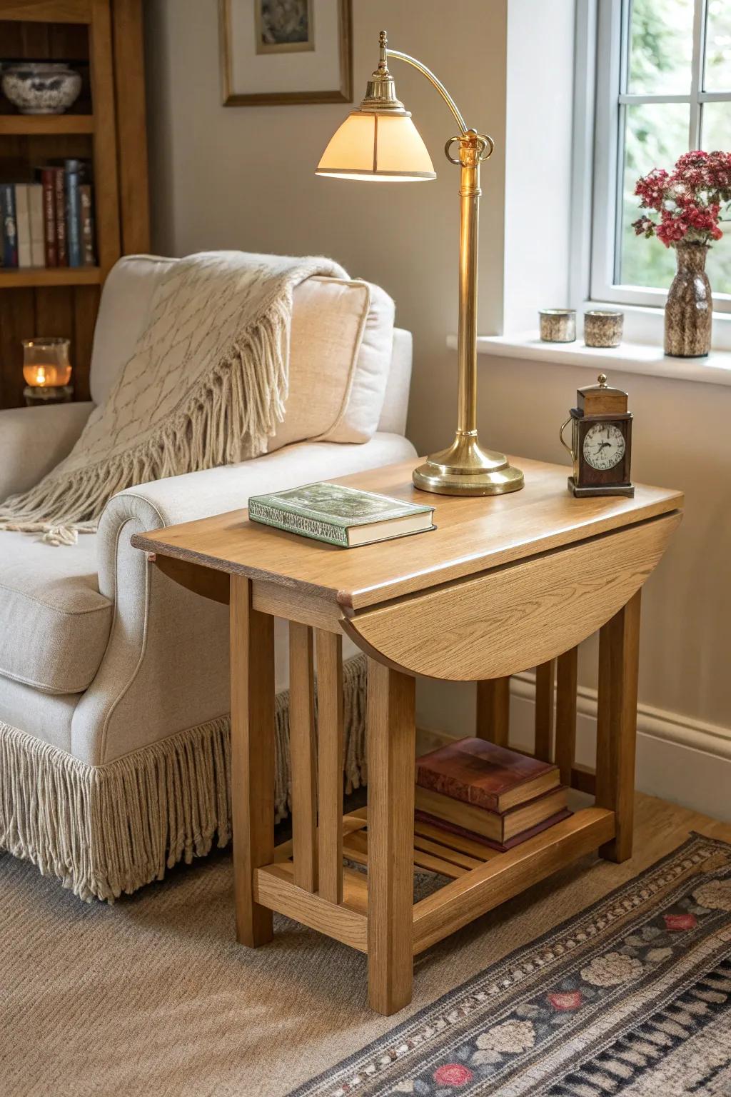 Discover the charm of simplicity with this elegant drop leaf side table—your perfect reading companion.