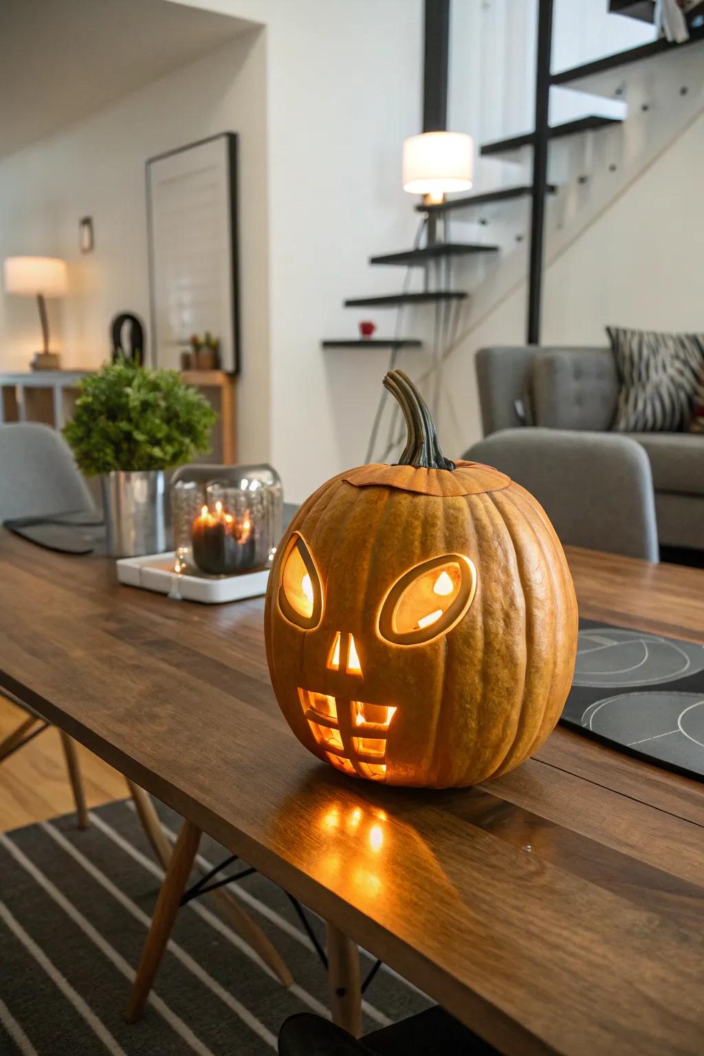 A futuristic alien pumpkin with a mechanical twist.