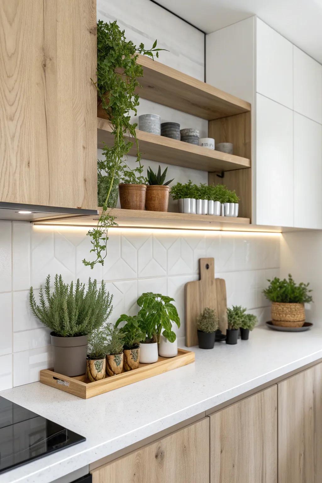 Elevate your kitchen's style with a charming plant shelf backsplash – where nature meets Scandinavian elegance.