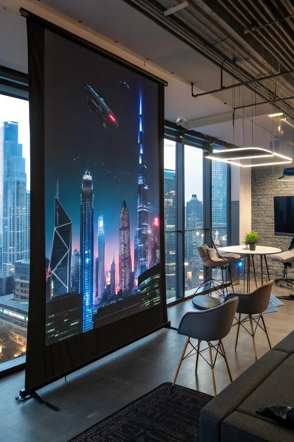 Futuristic themes on black canvas for a tech-savvy space.