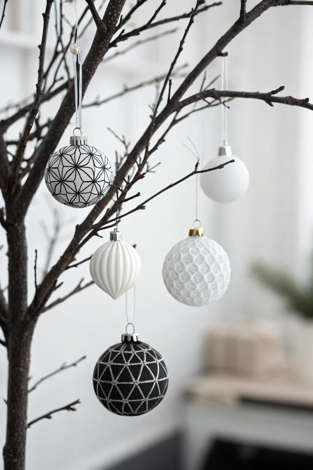 Monochrome ornaments offer a sleek and modern touch to holiday decor.