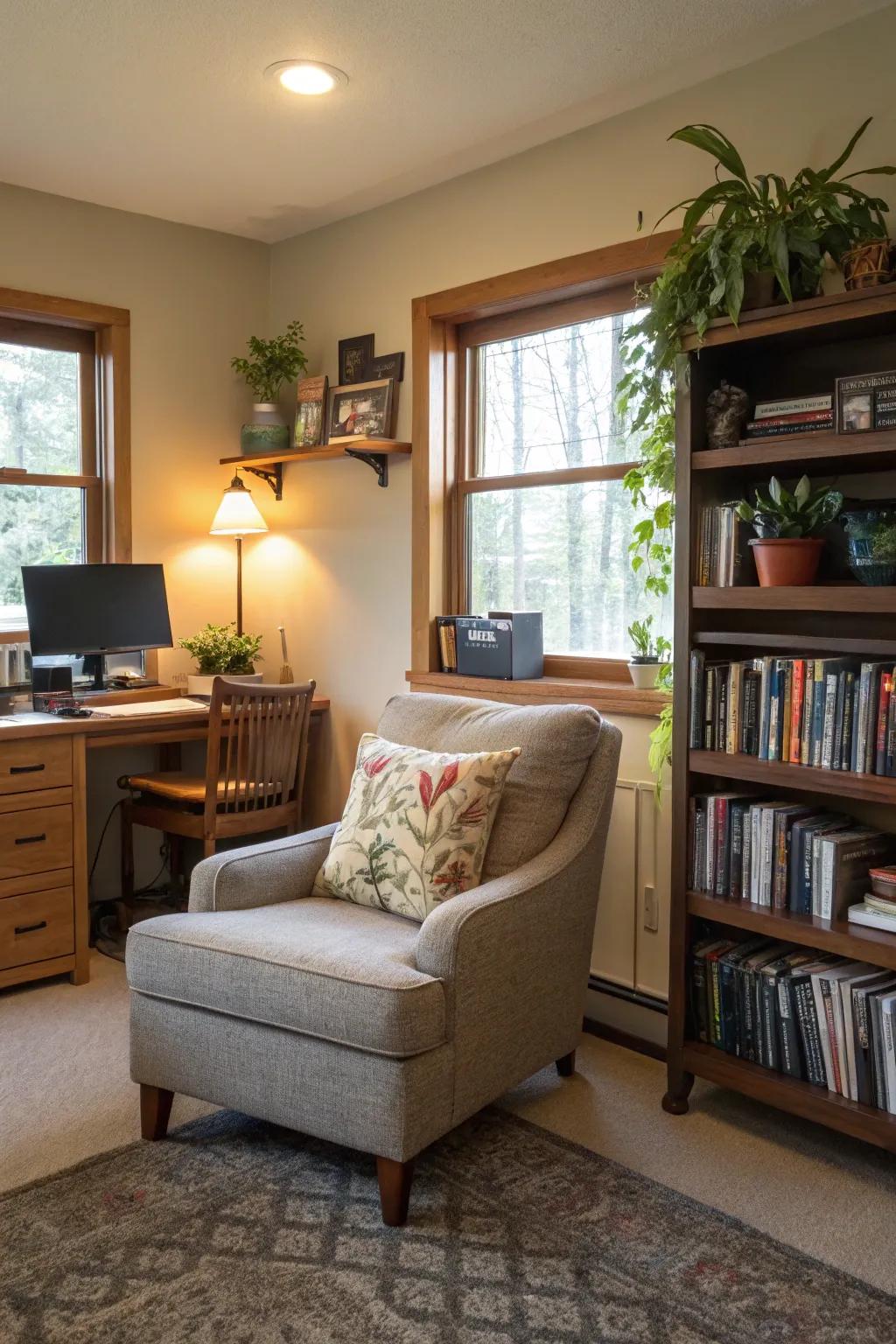 A cozy reading nook offers a perfect retreat in this eclectic home office.