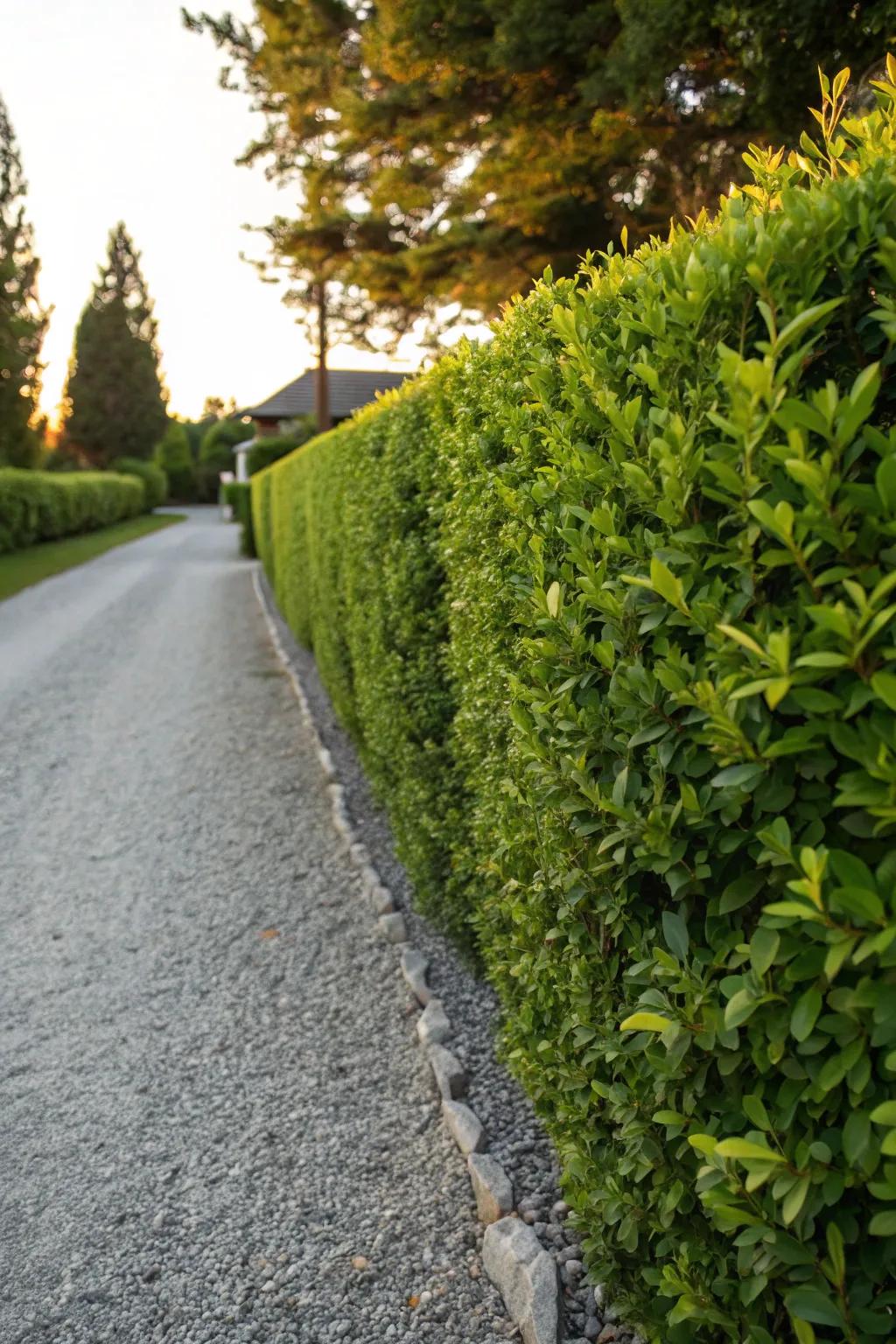 Craftsmanship in Green: A stunning hedge offers a natural boundary for your driveway.