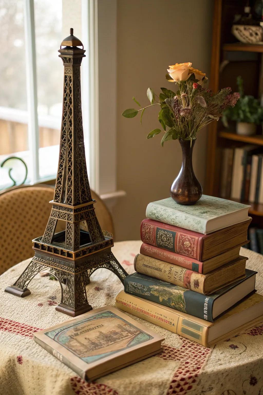 Vintage books add a literary and cozy touch to your centerpiece.