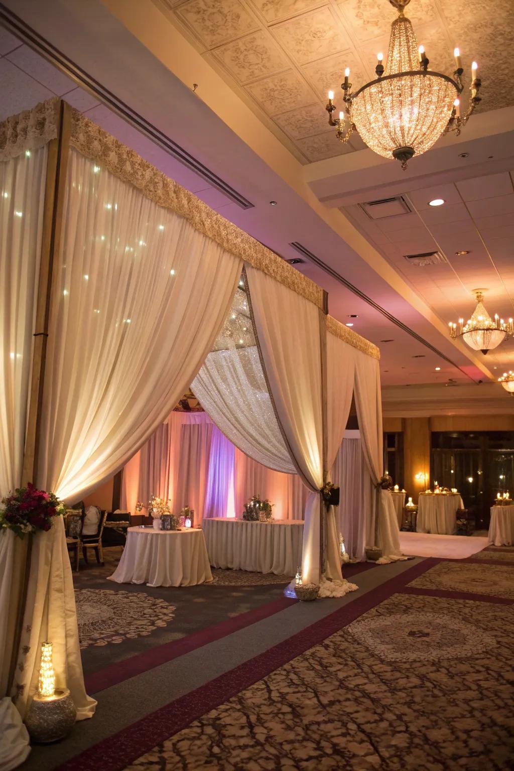 Lavish draperies create an intimate and sophisticated atmosphere at the event.