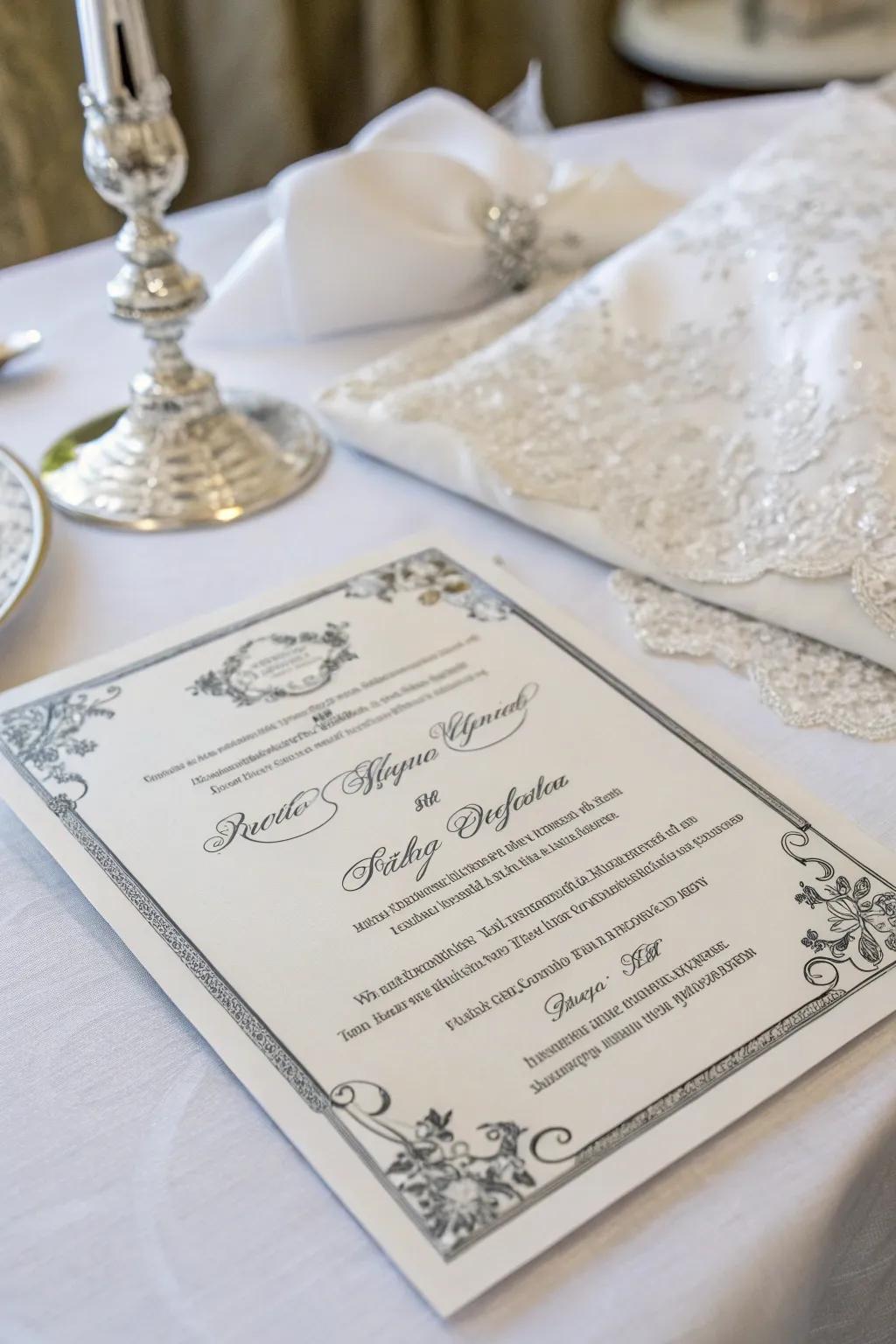 Silver-accented invitations set the tone.