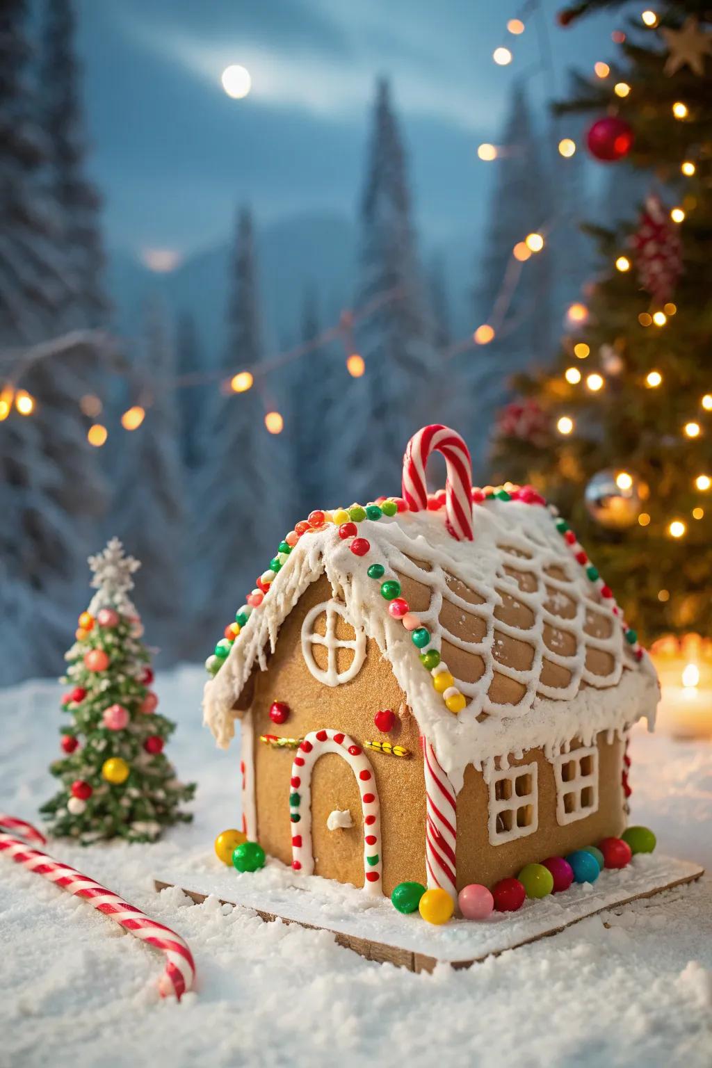 A gingerbread house with a cheerful candy cane chimney.