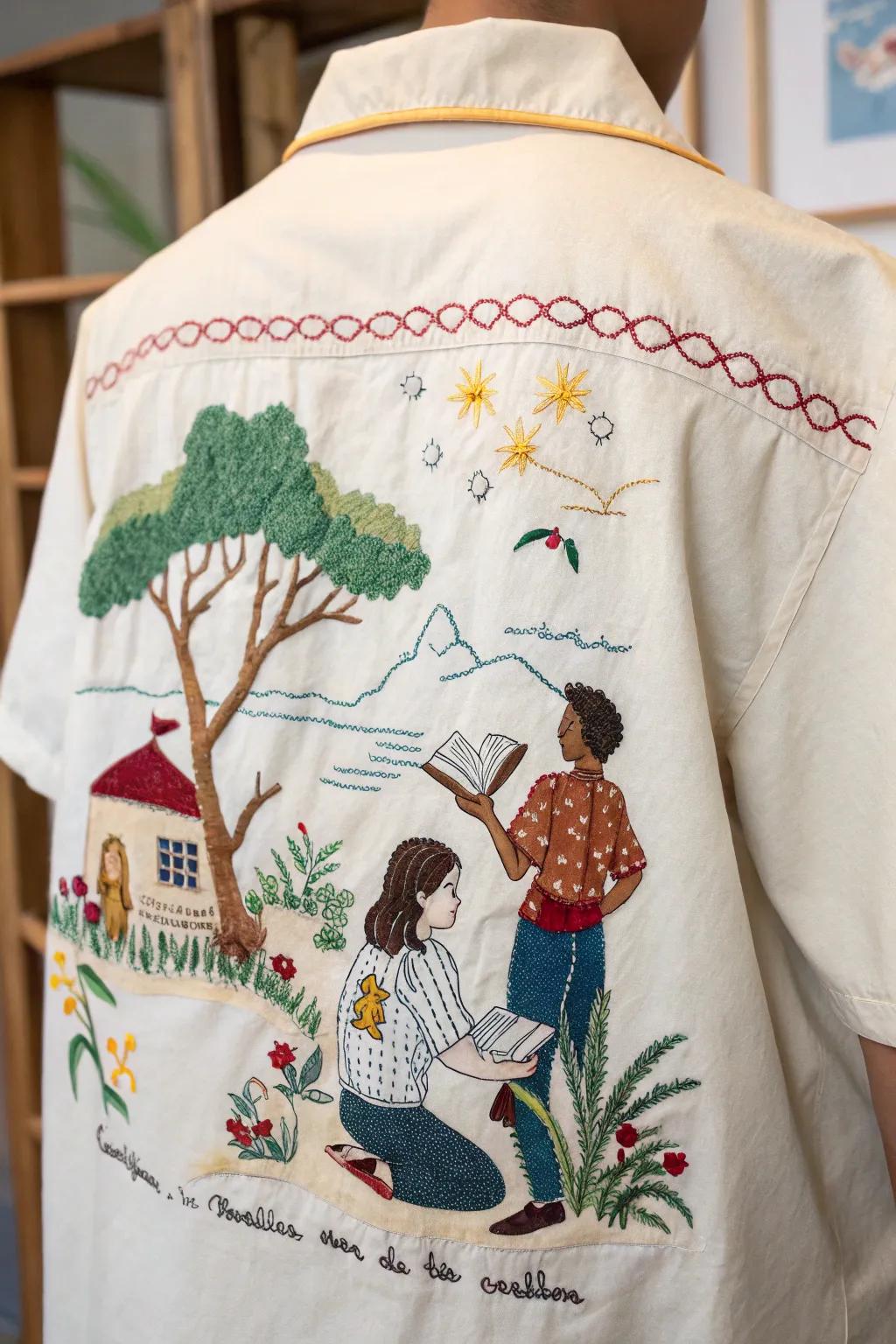 Storytelling embroidery creates a narrative on fabric.