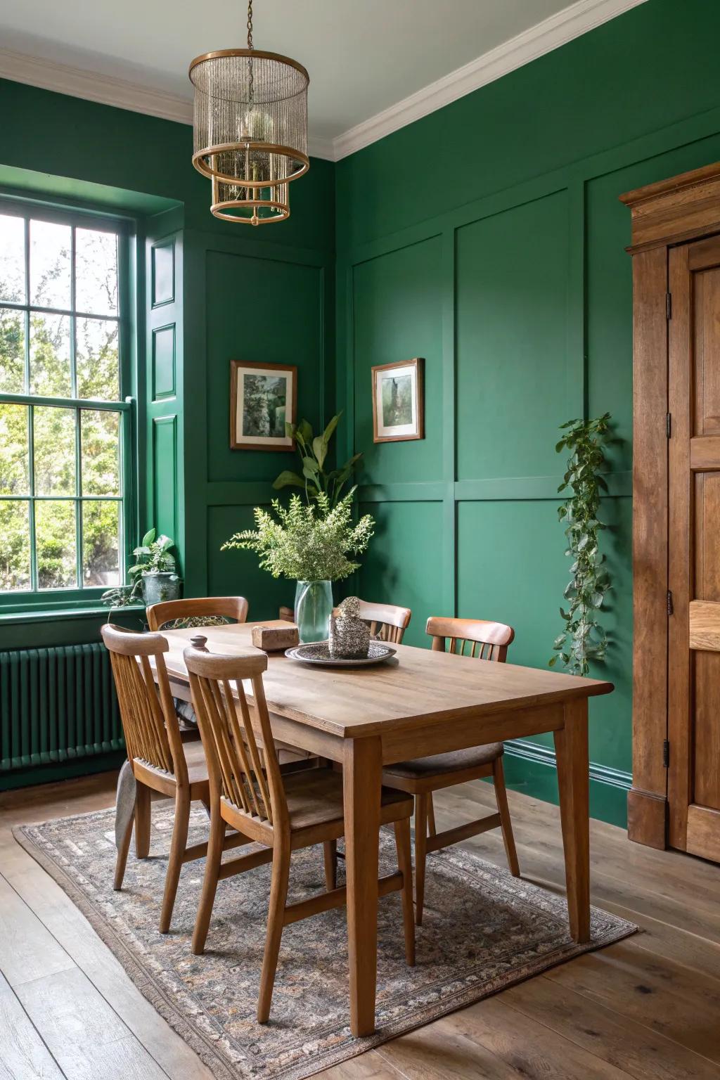 Emerald green and natural wood create a warm and earthy atmosphere.