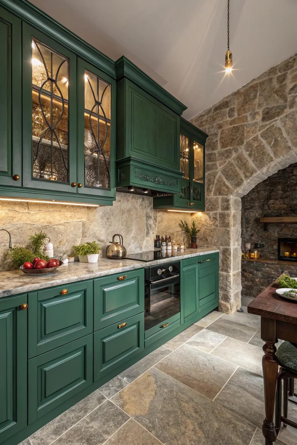 An earthy and elegant kitchen with emerald green and natural stone elements.