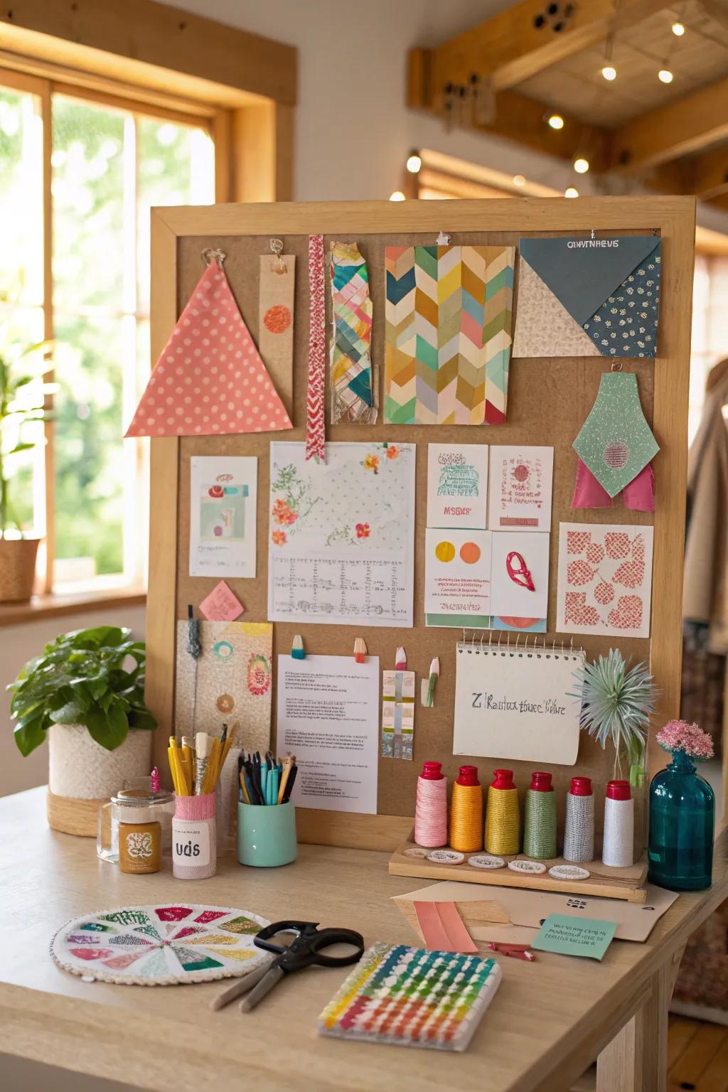 A creative craft corner bulletin board full of ideas and tools.