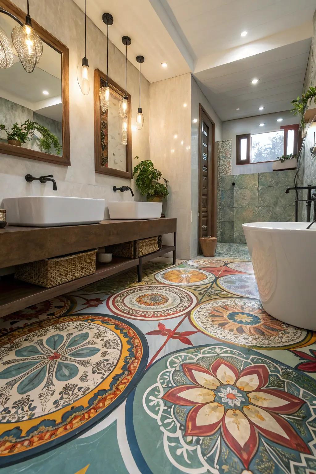 Artistic epoxy floor turning the bathroom into a creative masterpiece.