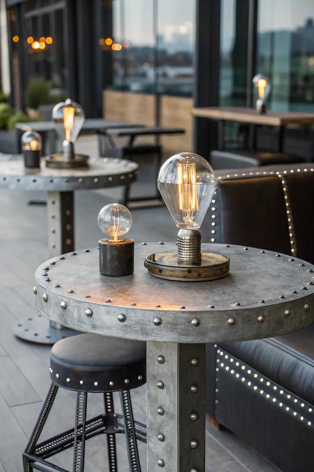 Modern cocktail table with industrial decor elements.