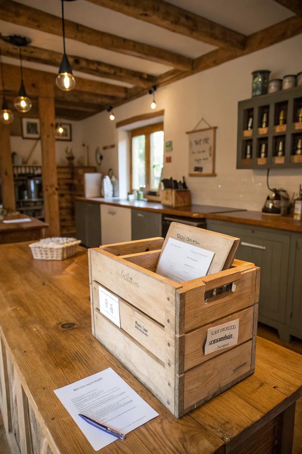 A rustic wine crate suggestion box adding charm to a kitchen.