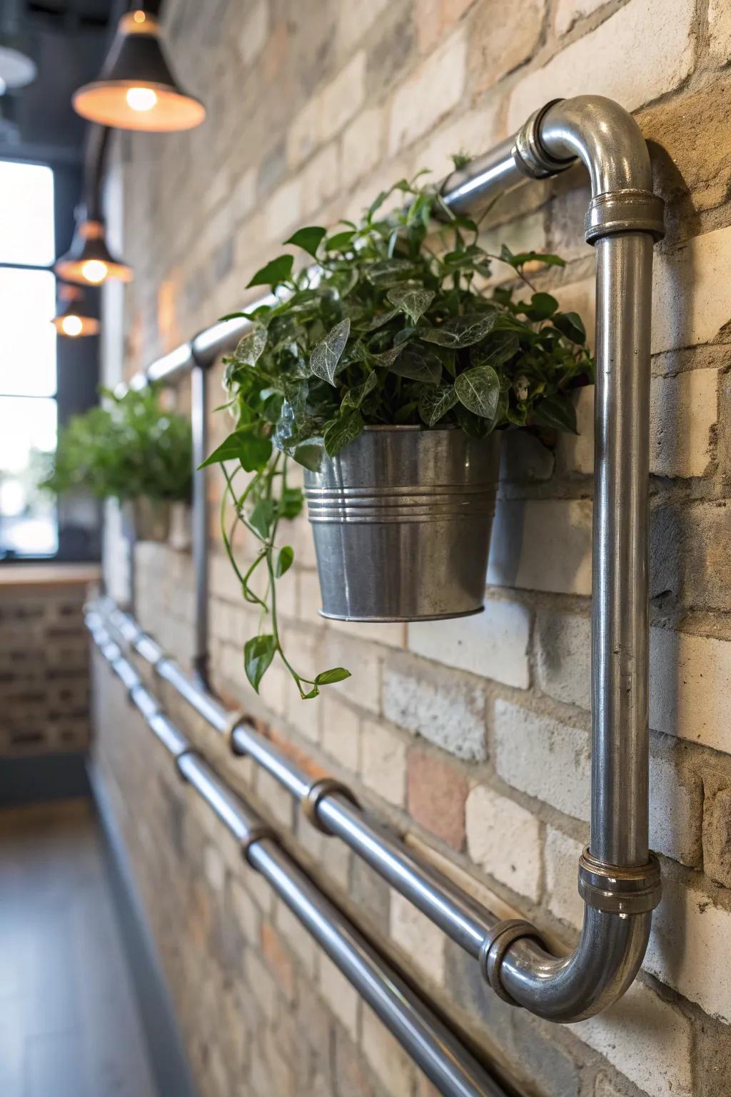 Elevate your space with industrial elegance: a conduit plant hanger that marries raw metal with lush greenery.