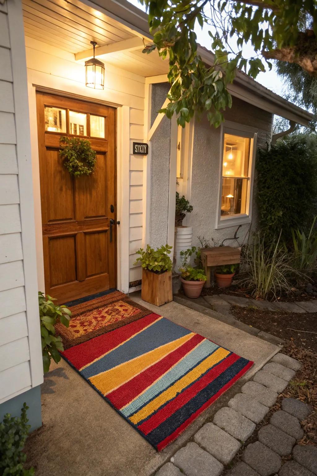 An outdoor rug defines and adds comfort to the entrance.