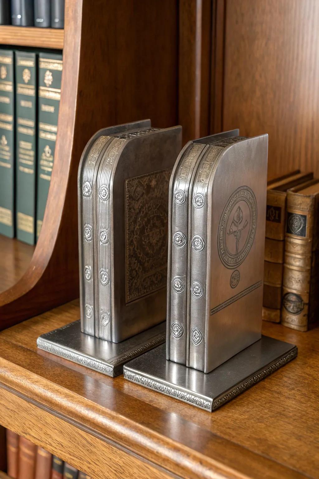 Elevate your reading space with these handcrafted metallic bookends.