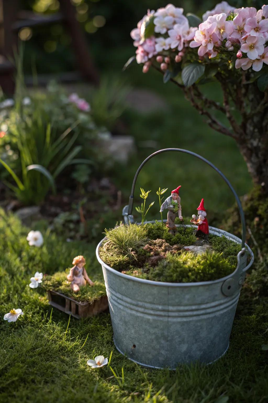 A metal pail fairy garden offers a compact and magical experience.