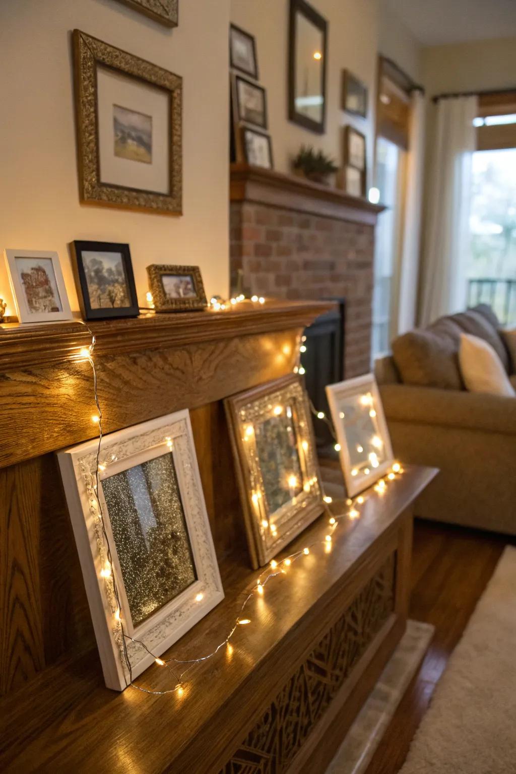 Picture frames highlighted by the gentle glow of fairy lights.