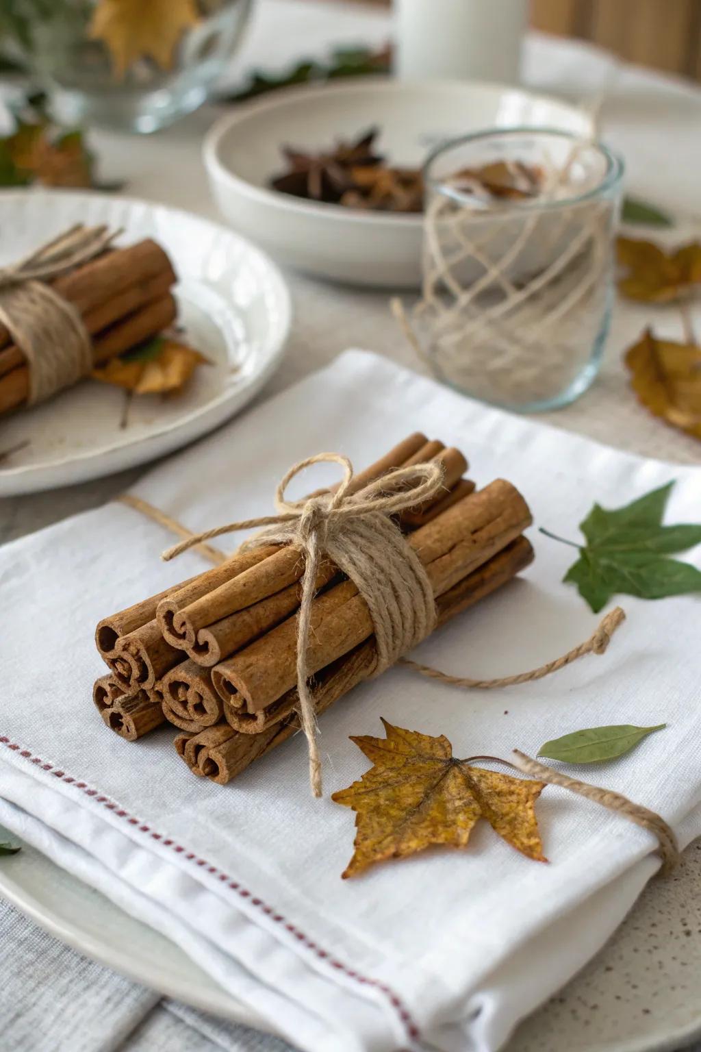 Cinnamon bundles add a touch of spice to fall table settings.