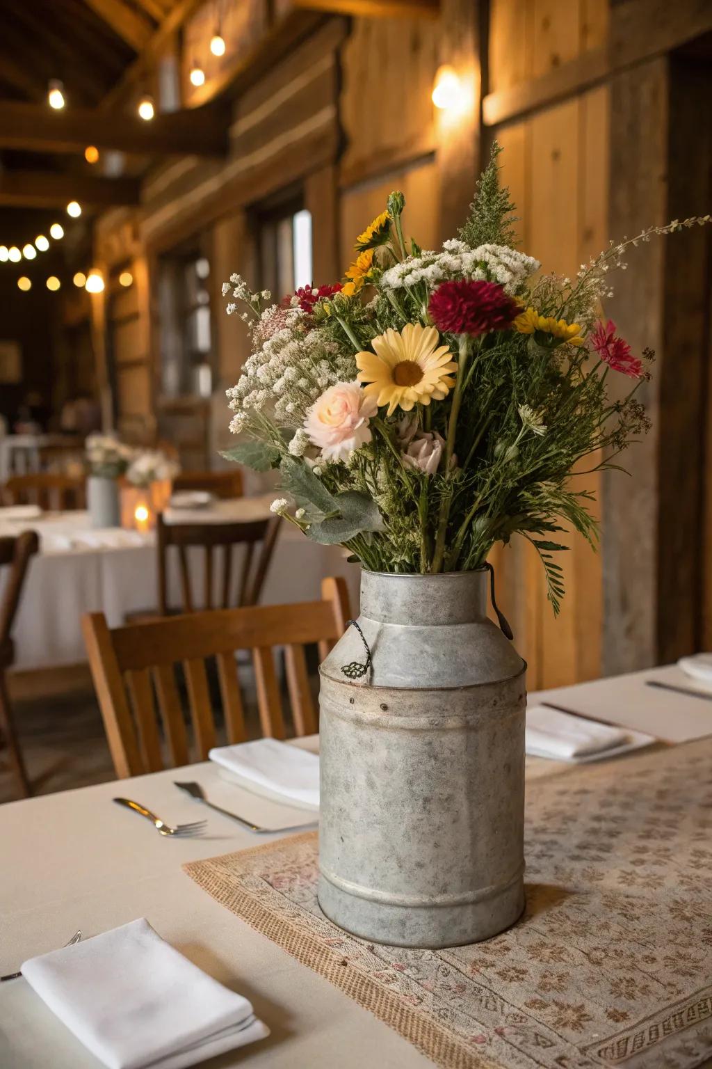 A milk can vase brings vintage charm to a farmhouse floral centerpiece.