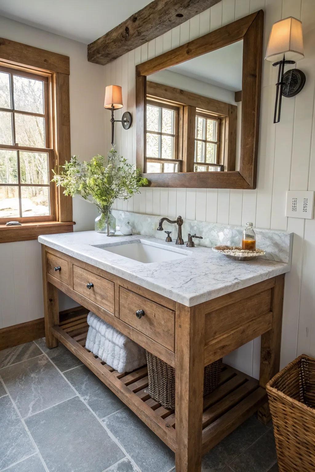 A farmhouse bathroom featuring a marble and wood vanity for a touch of elegance.